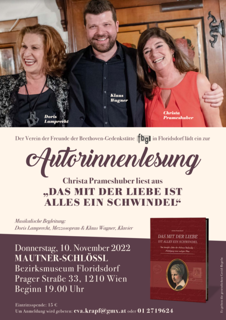 Ankündigung Lesung Christa PRameshuber 10.11.2022 im Mautner Schlössl, Wien